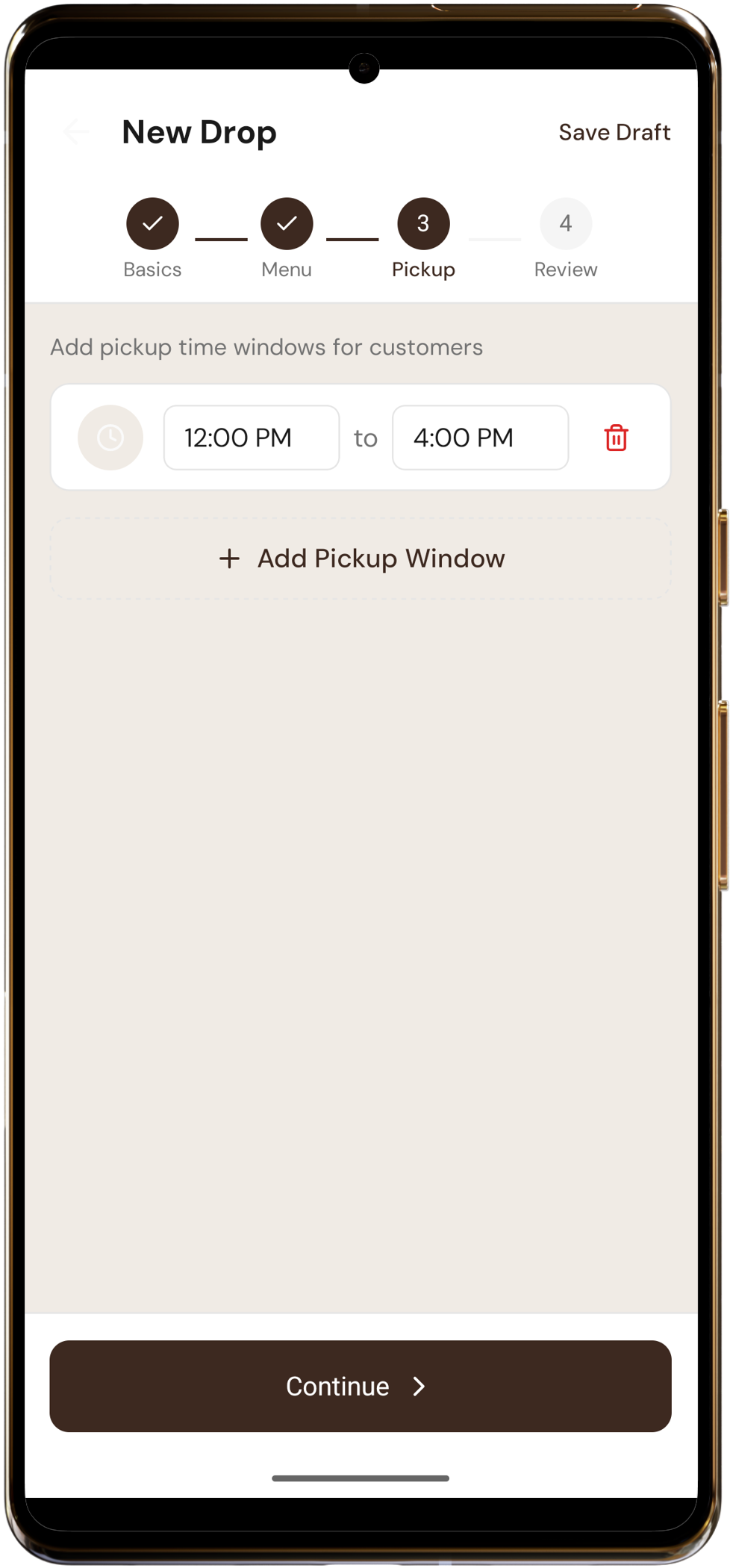 Schedule view showing upcoming drops and pickups
