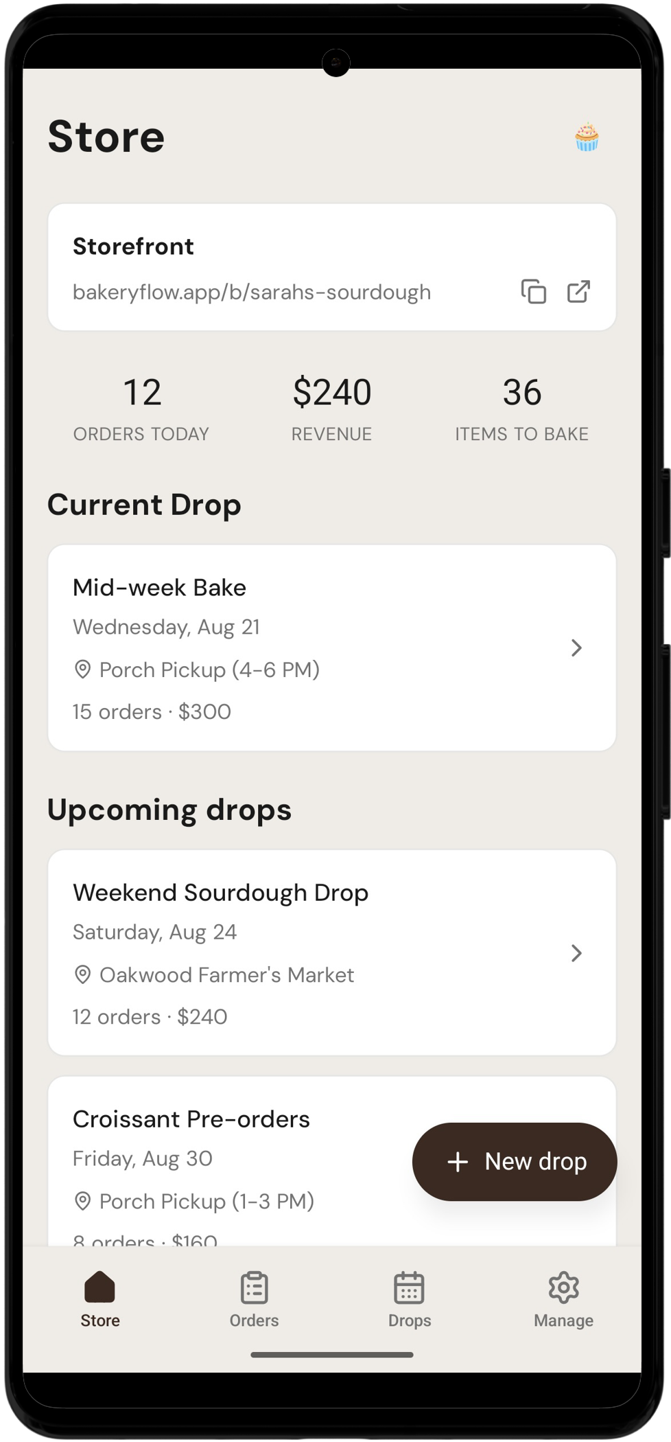Mobile storefront view showing active drops