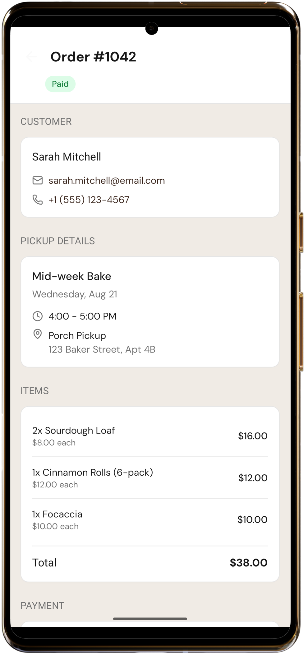 Single order details on mobile