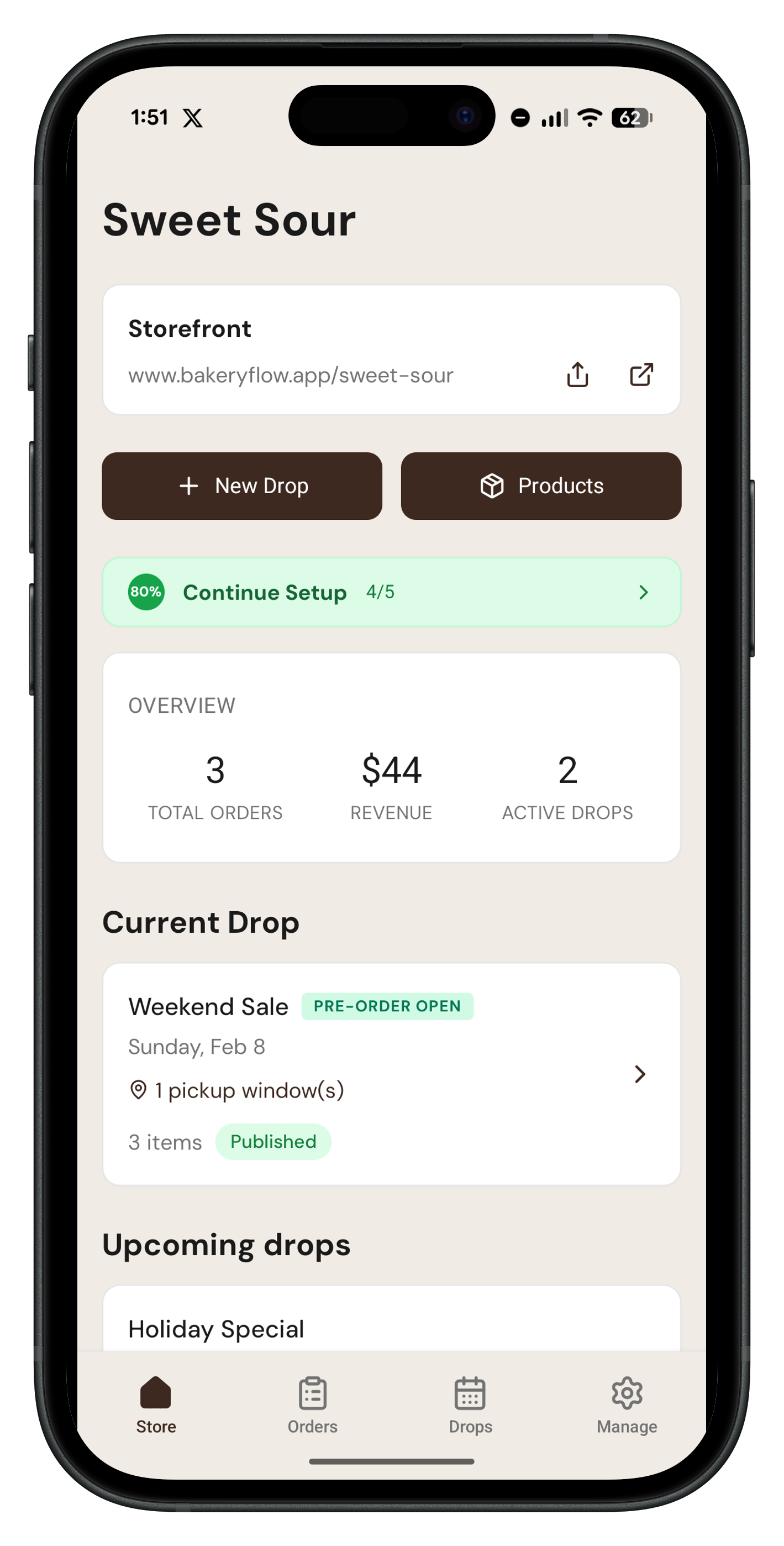 BakeryFlow dashboard on mobile showing a drop overview