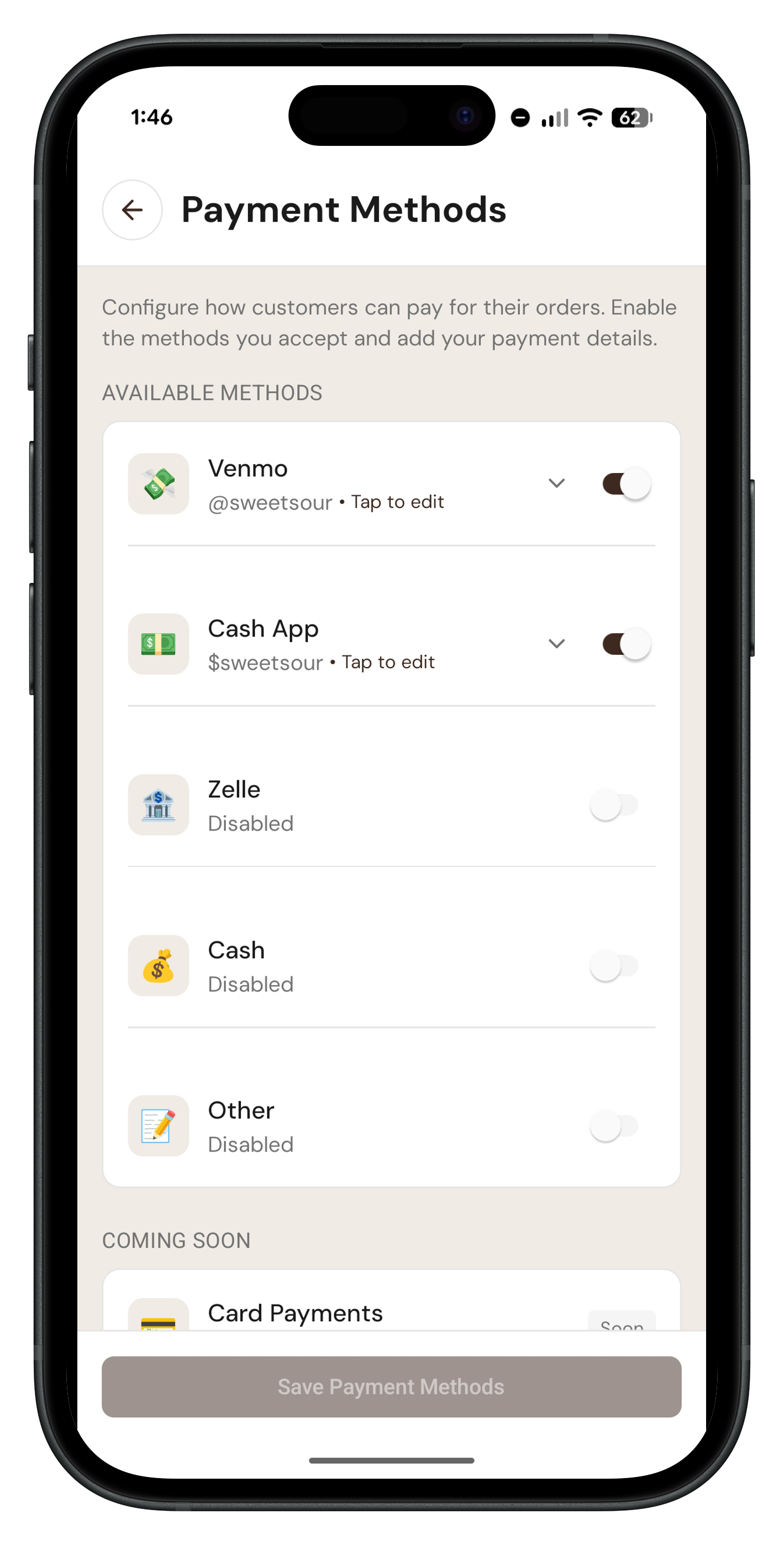 Payment options view on mobile